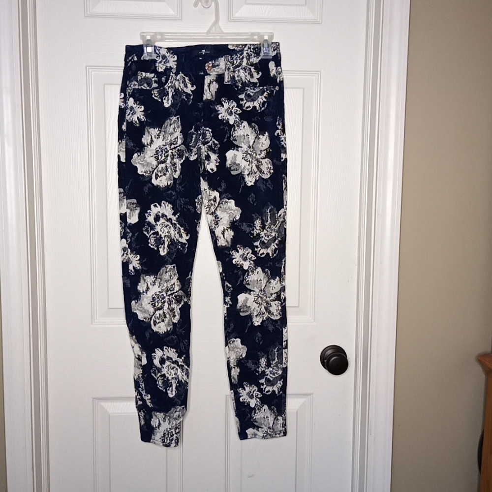 7 For All Mankind Navy Blue Floral Jacquard Pants or Jeans Stretch Sz.26
